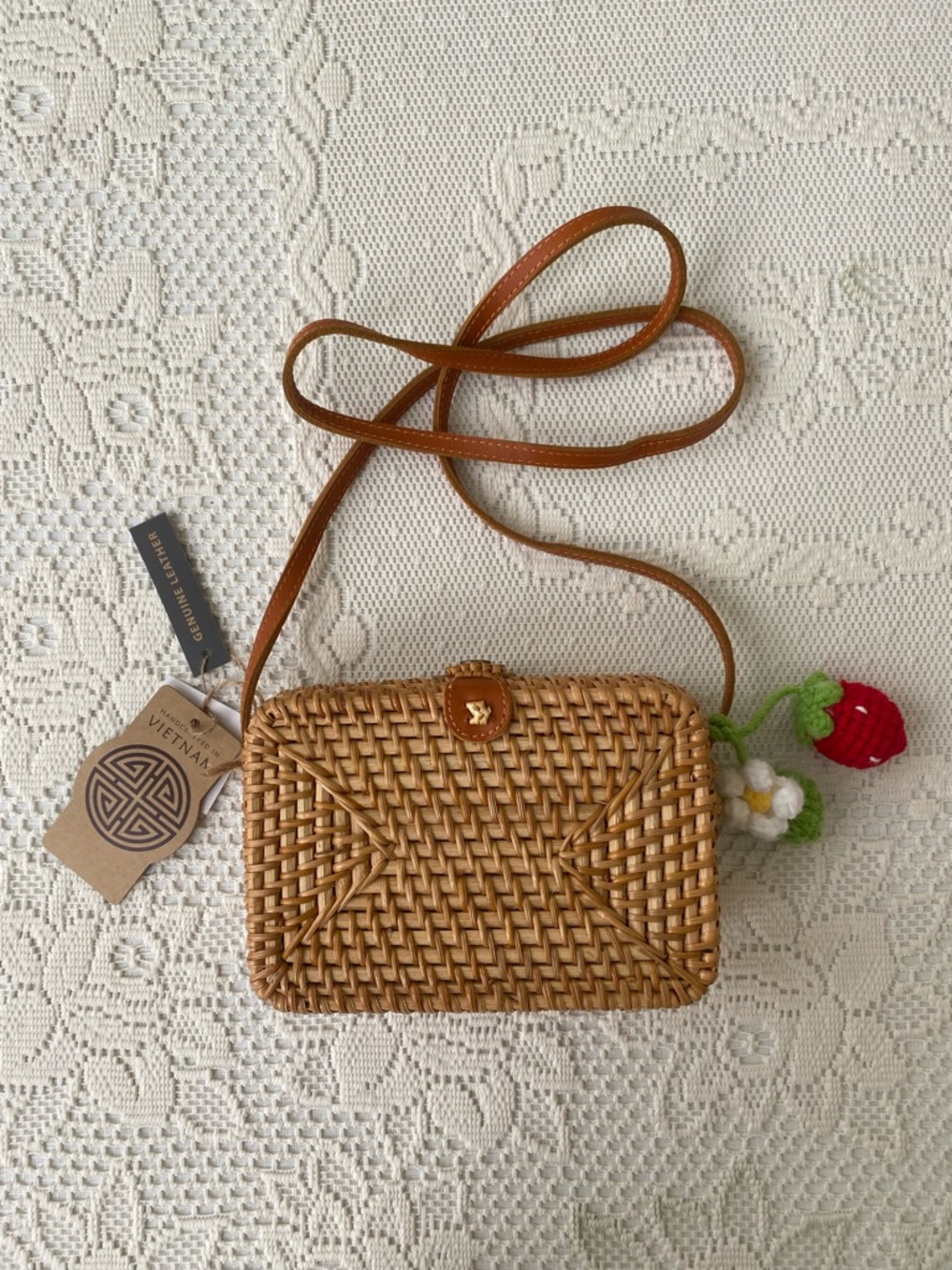 Handcrafted in Vietnam Woven Rattan Genuine Leather Basket Bag